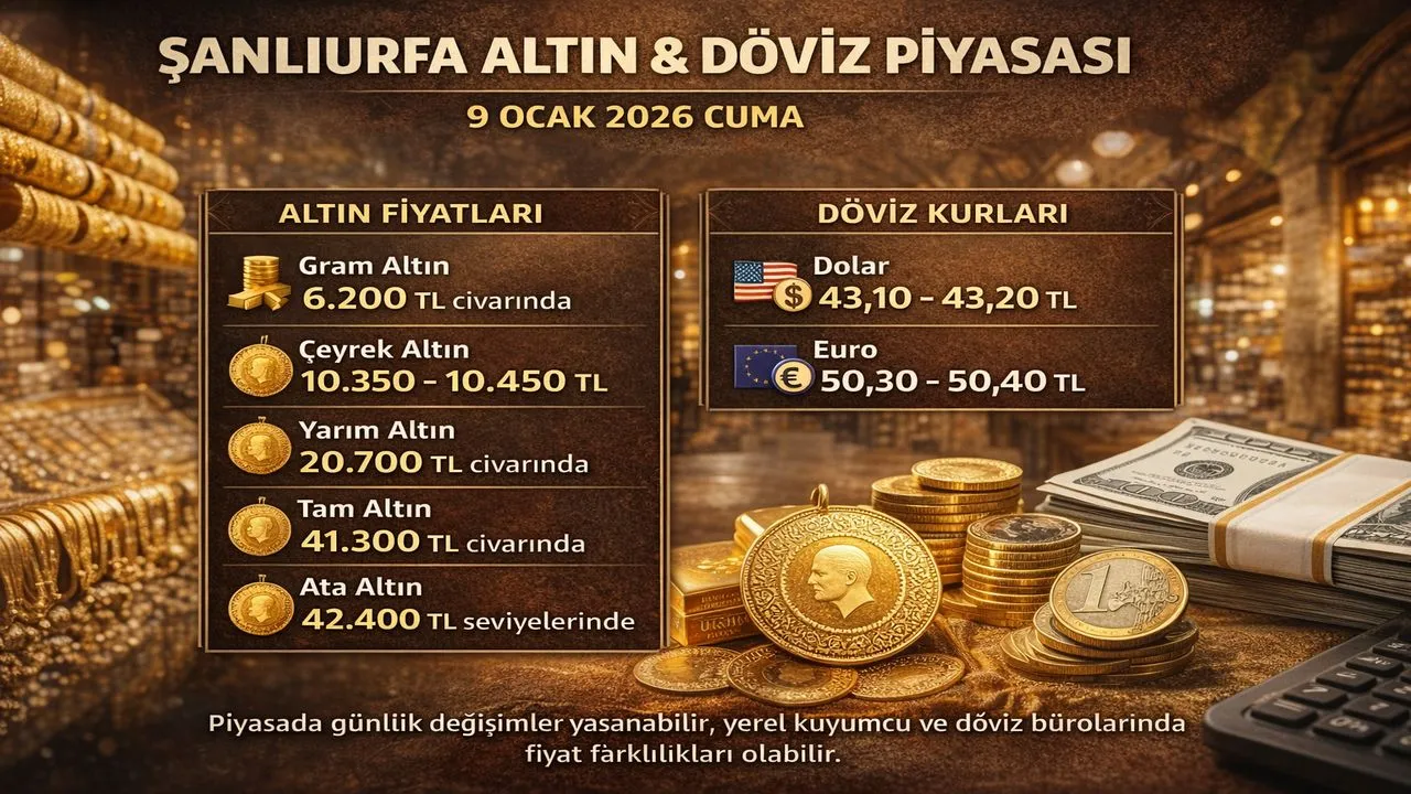 9 Ocak 2026 Şanlıurfa Altın ve Döviz Piyasası
