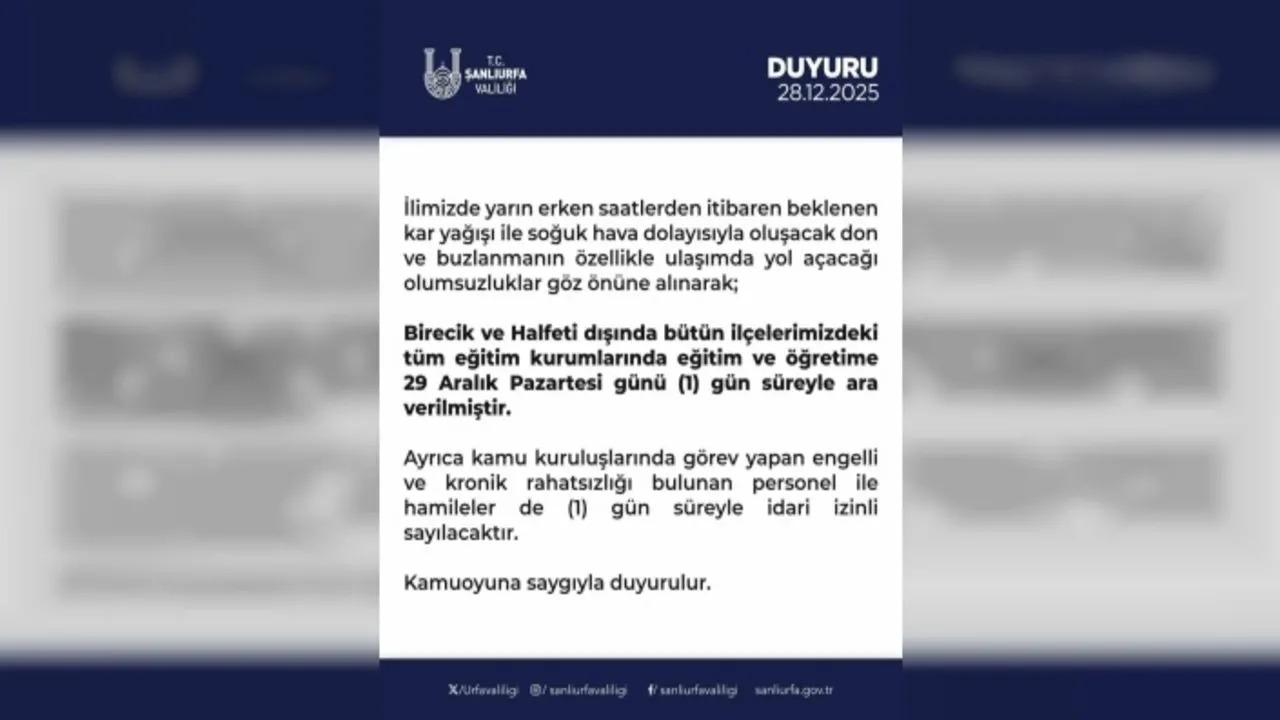 Şanlıurfa’da Eğitime 1 Gün Ara Verildi